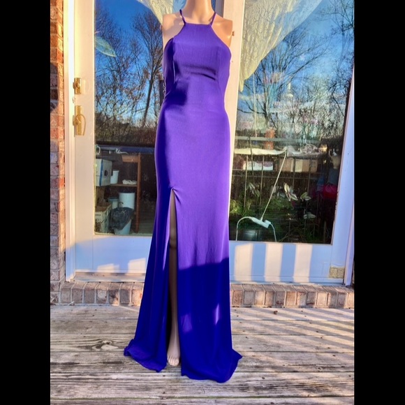 La Femme Purple Halter Neck Glam Formal Prom Dress - Picture 3 of 11